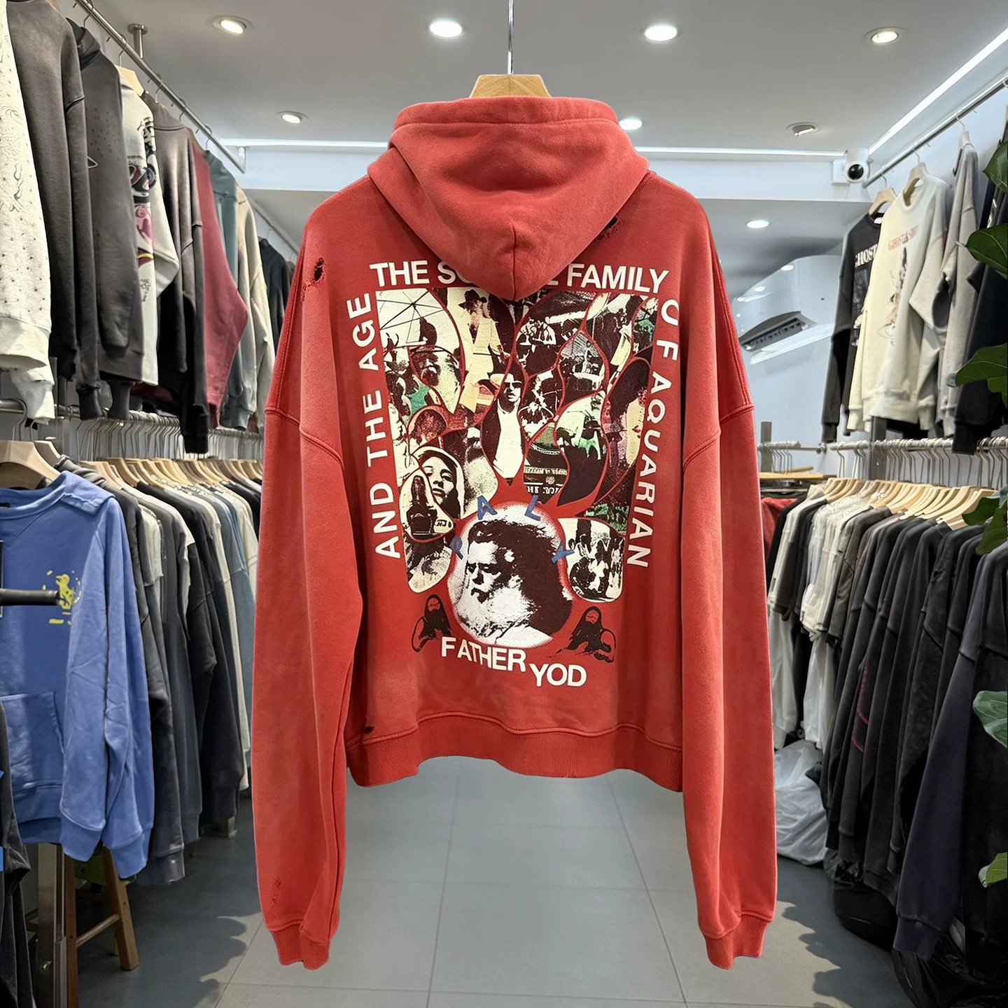 Paly Hollywood retro distressed hole hooded sweatshirt for men and women loose casual pullover terry coat trendy