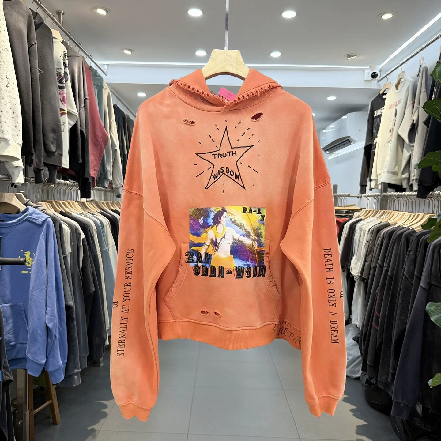 Paly Hollywood retro distressed five-pointed star portrait printed thick cotton T washed hole hoodie trendy for men and women