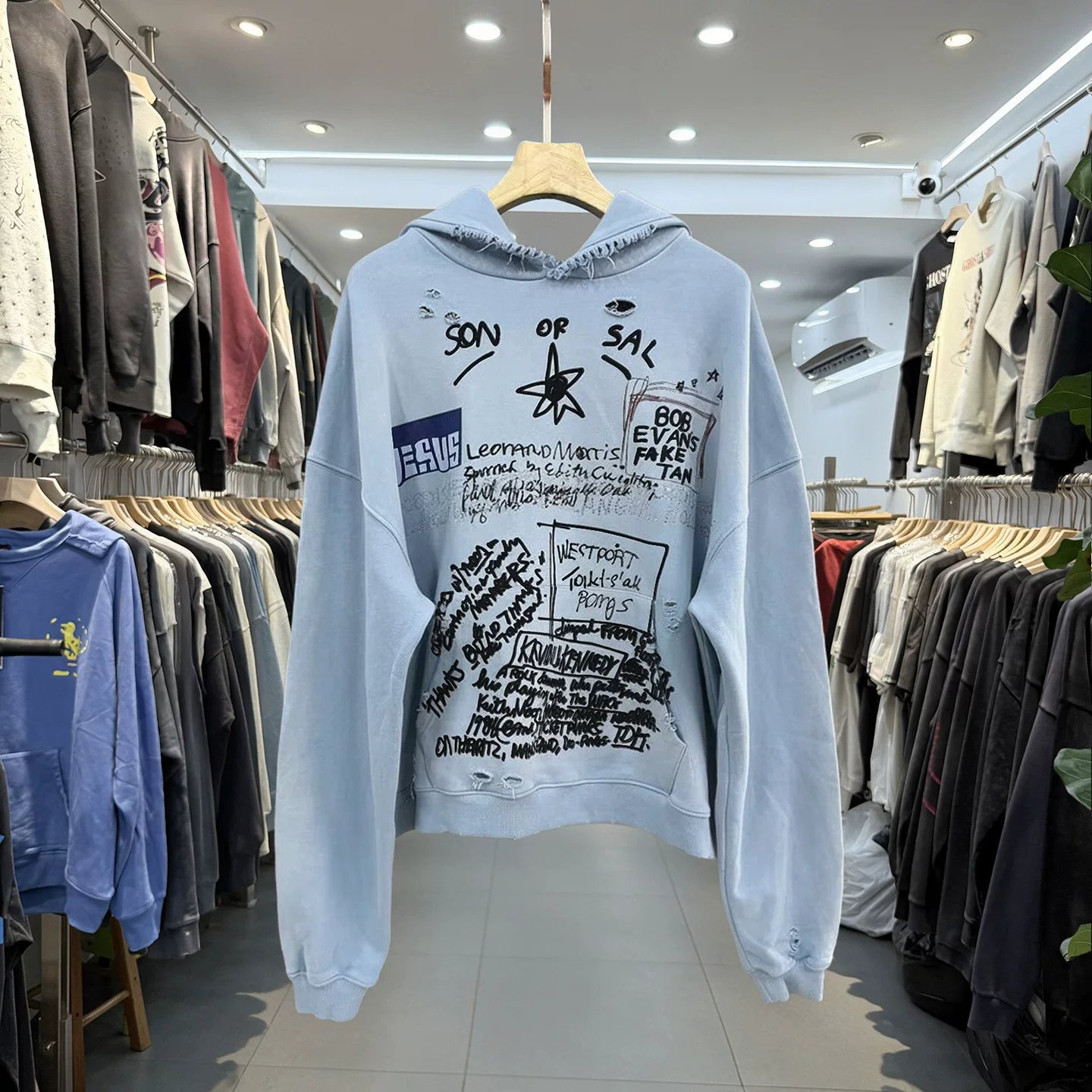 American street graffiti letter print hot diamond hooded sweatshirt for men and women loose casual washed damaged distressed jacket