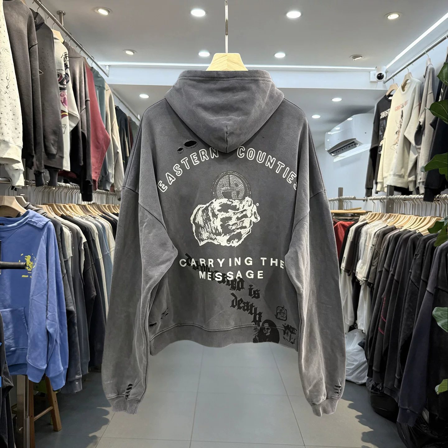 Paly Hollywood washed distressed hole hooded sweatshirt for men and women loose casual hot diamond cardigan jacket trendy