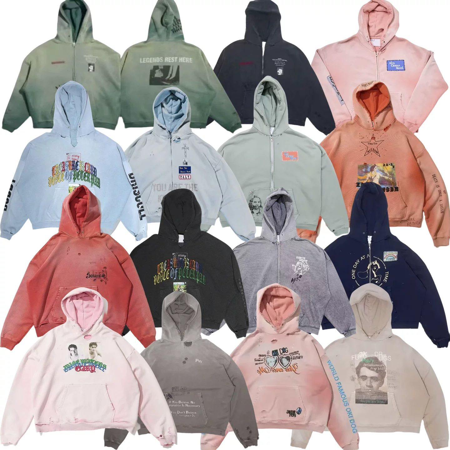 Paly Hollywood American retro washed distressed hooded sweatshirt loose casual hoodie for men and women trendy