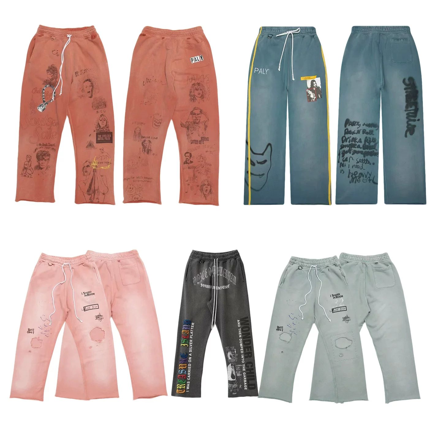 Paly Hollywood American graffiti printed casual pants for men and women, loose casual washed and distressed trousers