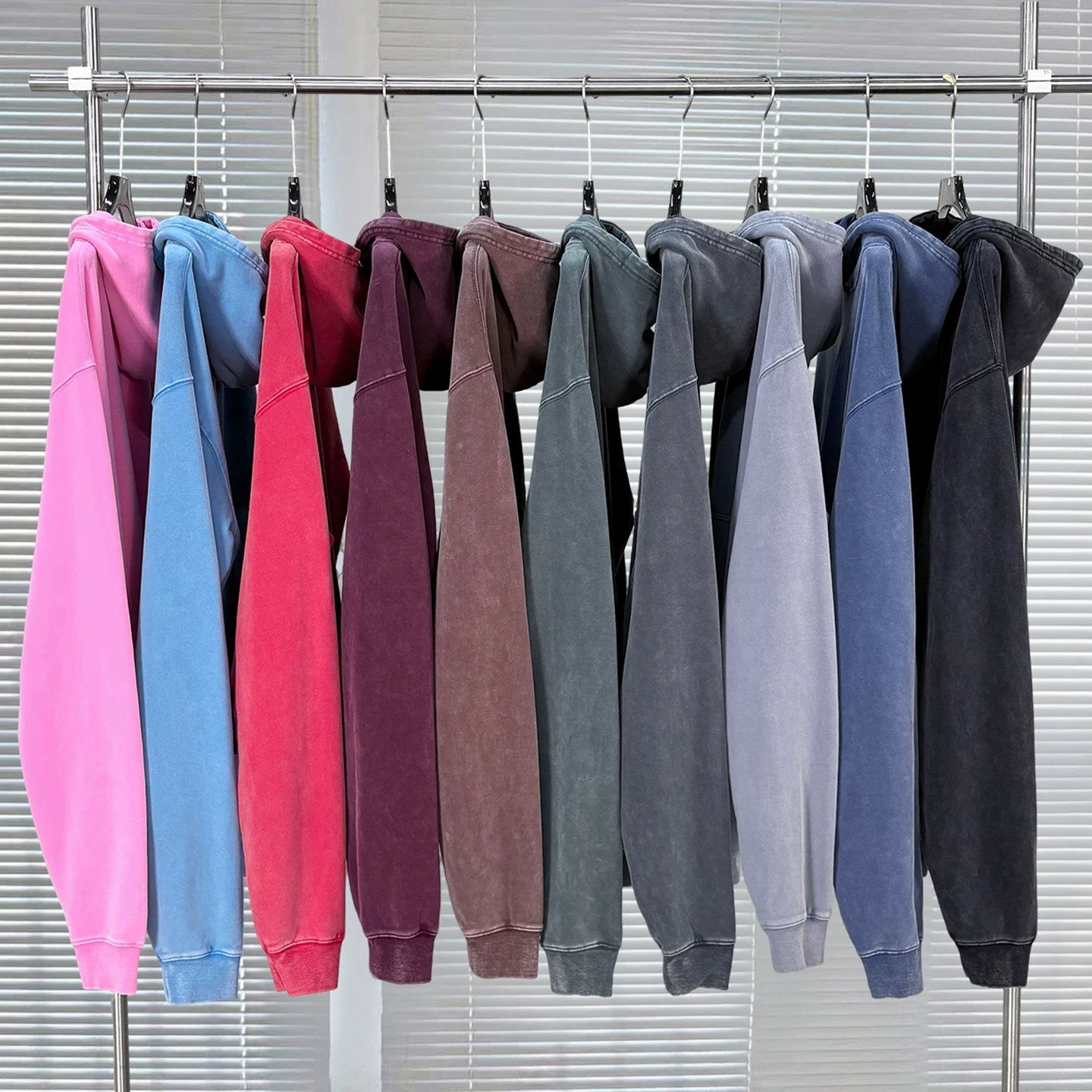 European and American retro washed and worn short wide version piled sleeve sweatshirt for men and women loose casual solid color terry hoodie