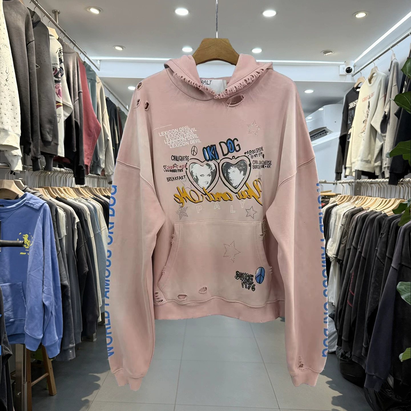 American high street washed distressed hooded sweatshirt for men and women loose cool printed hot diamond casual pullover jacket