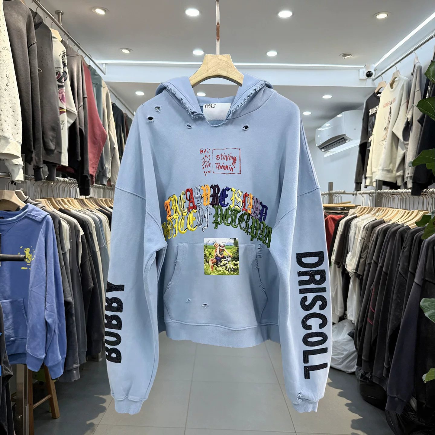 Paly Hollywood American heavy-duty embroidered letter hooded sweatshirt for men and women loose off-shoulder version of the jacket trendy