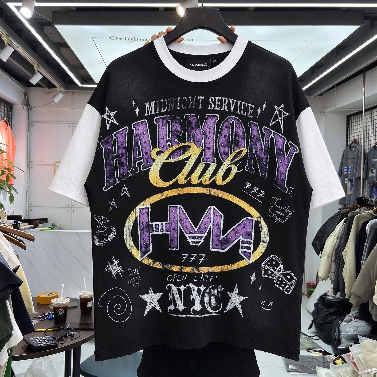 European and American high street fashion letter printing hot diamond short-sleeved T-shirts for men and women loose casual contrast color splicing round neck tops