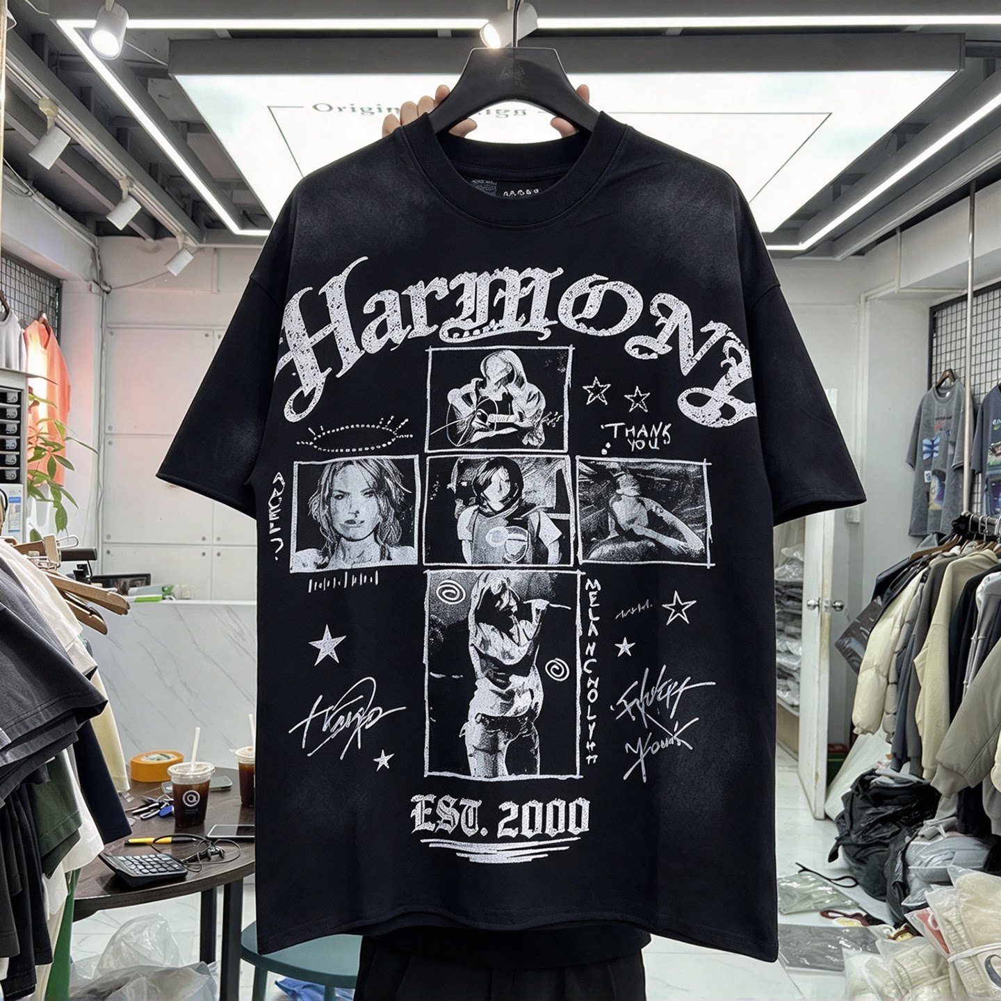 American high street rock letter printed hot diamond short-sleeved T-shirt oversize men's and women's loose casual round neck top