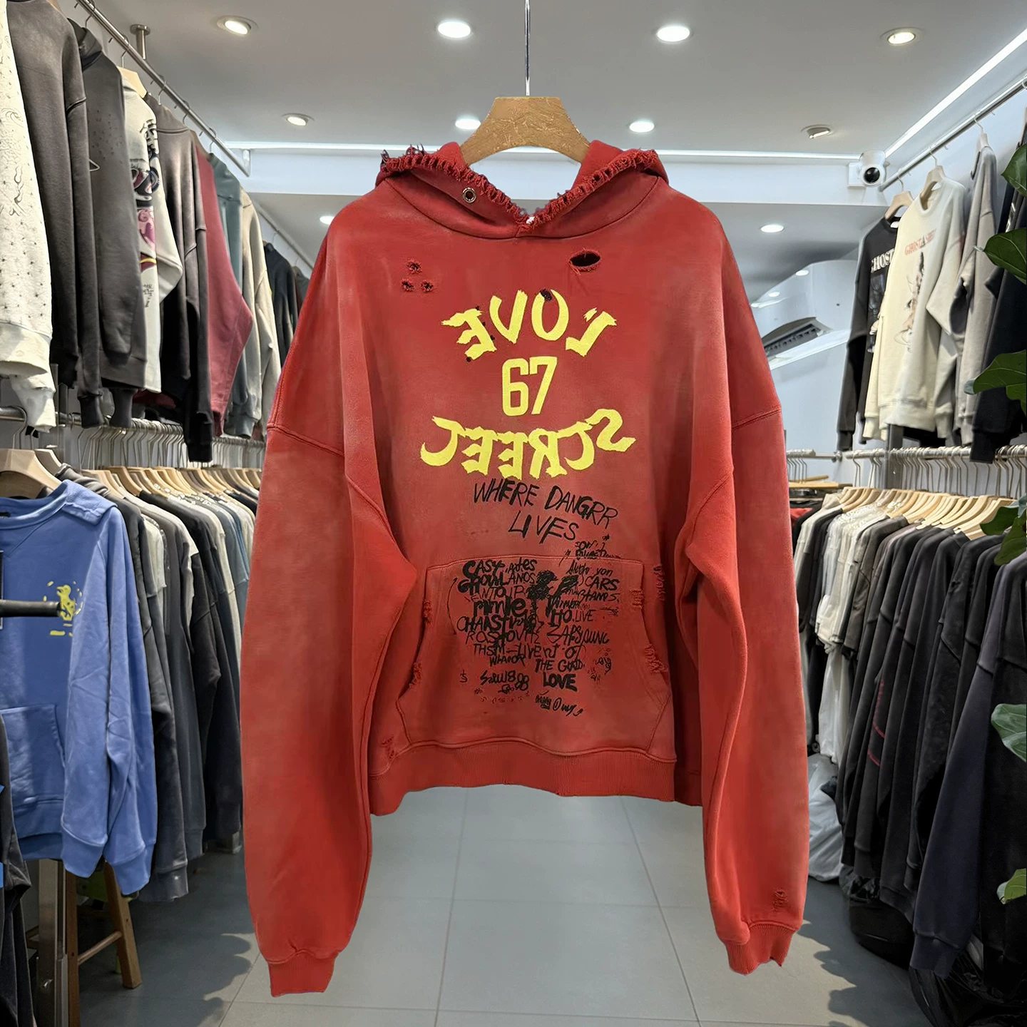 PALY Hollywood American retro hole letter print hooded sweatshirt for men and women loose casual jacket trend
