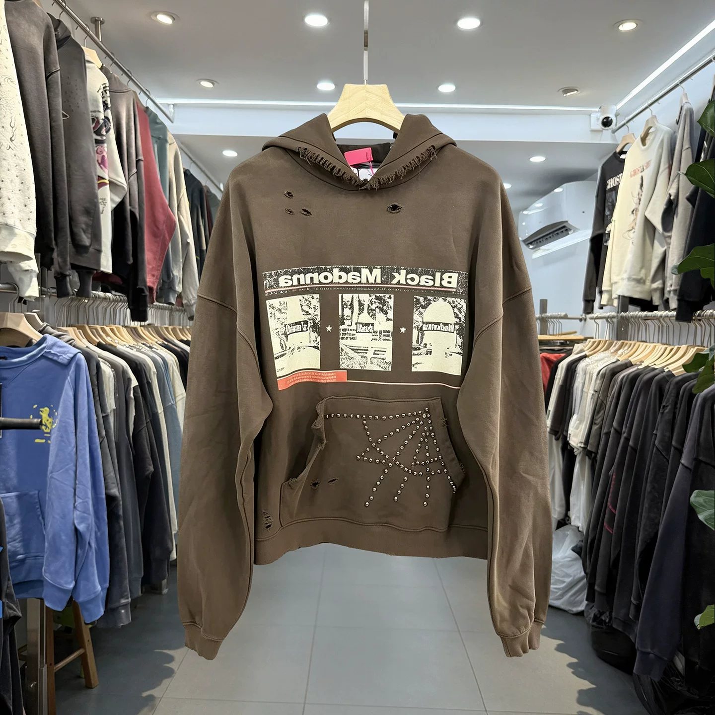 Paly Hollywood American retro poster portrait destroyed hooded sweatshirt loose casual rivet jacket trendy