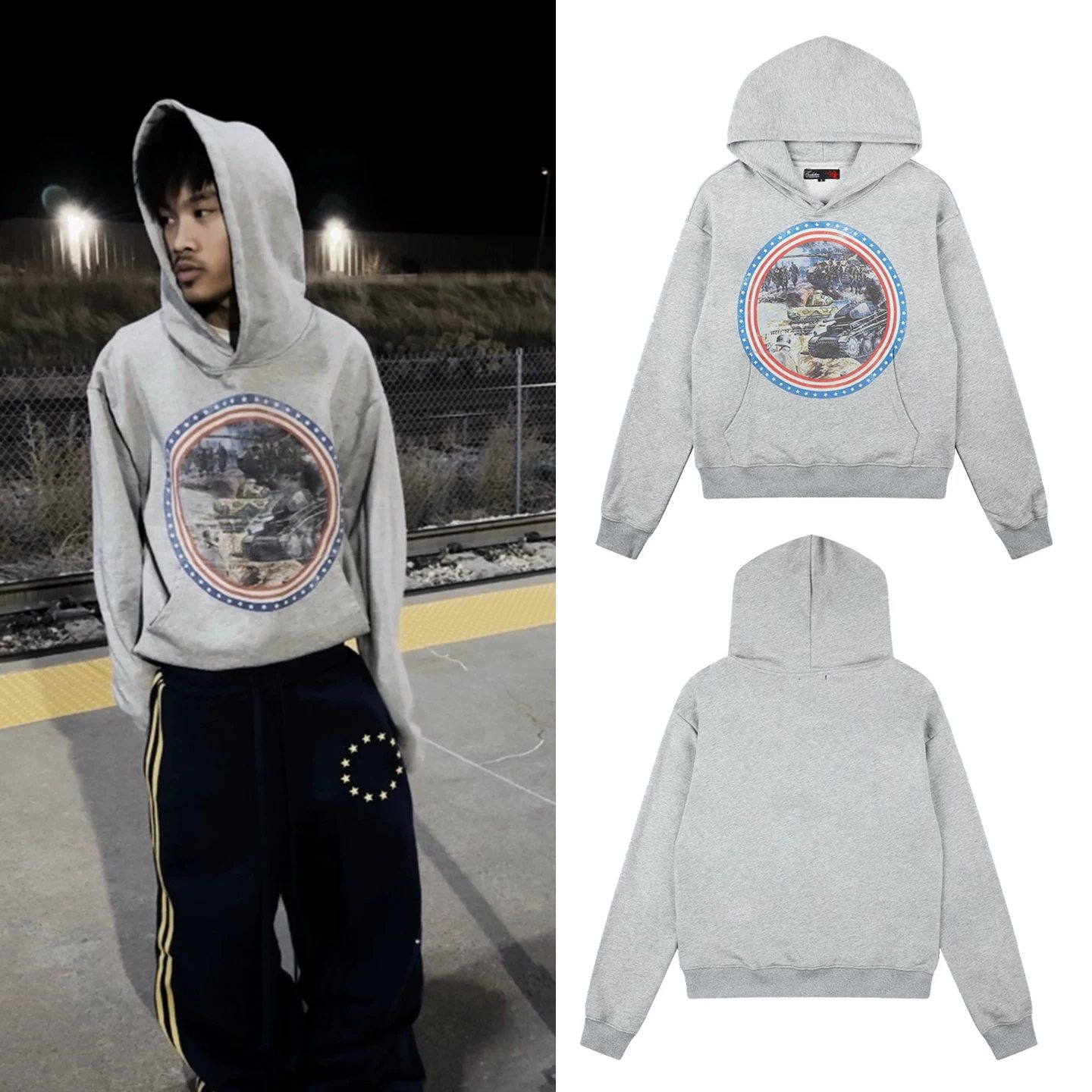 Autumn and winter American retro pattern printed hooded sweatshirt for men and women, loose casual and fashionable pullover terry coat