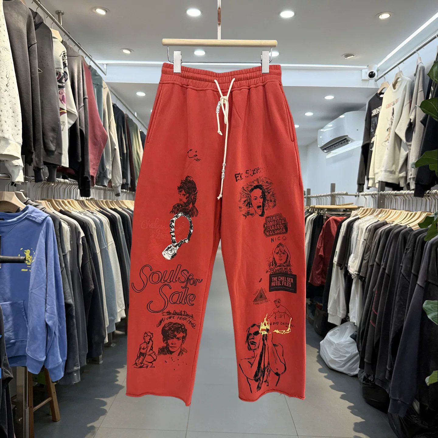 Paly American retro washed old graffiti portrait printed casual pants for men and women same style drawstring hemmed sweatpants
