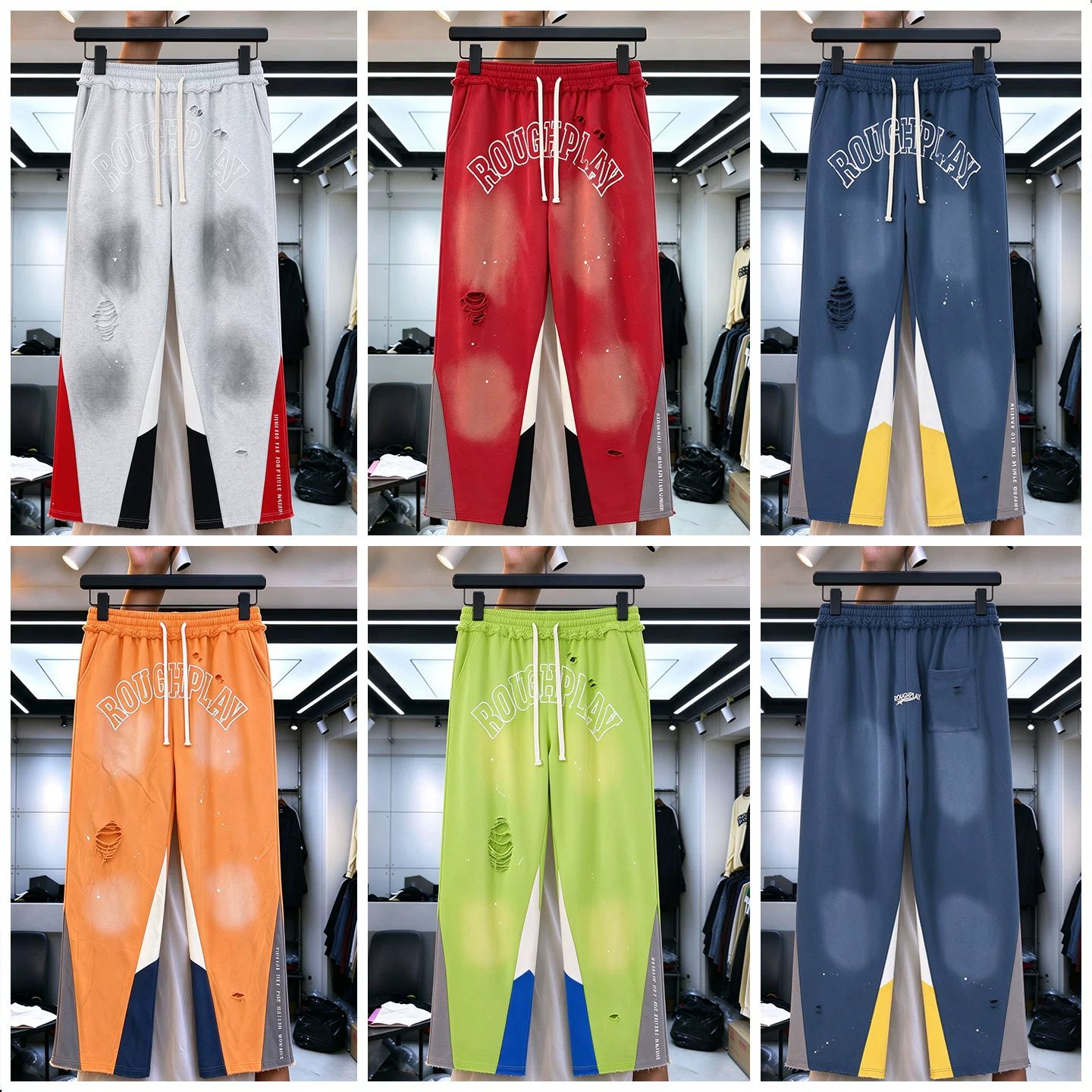 RoughPlay European and American street splicing washed distressed ripped sweatpants couple's same style loose straight casual pants