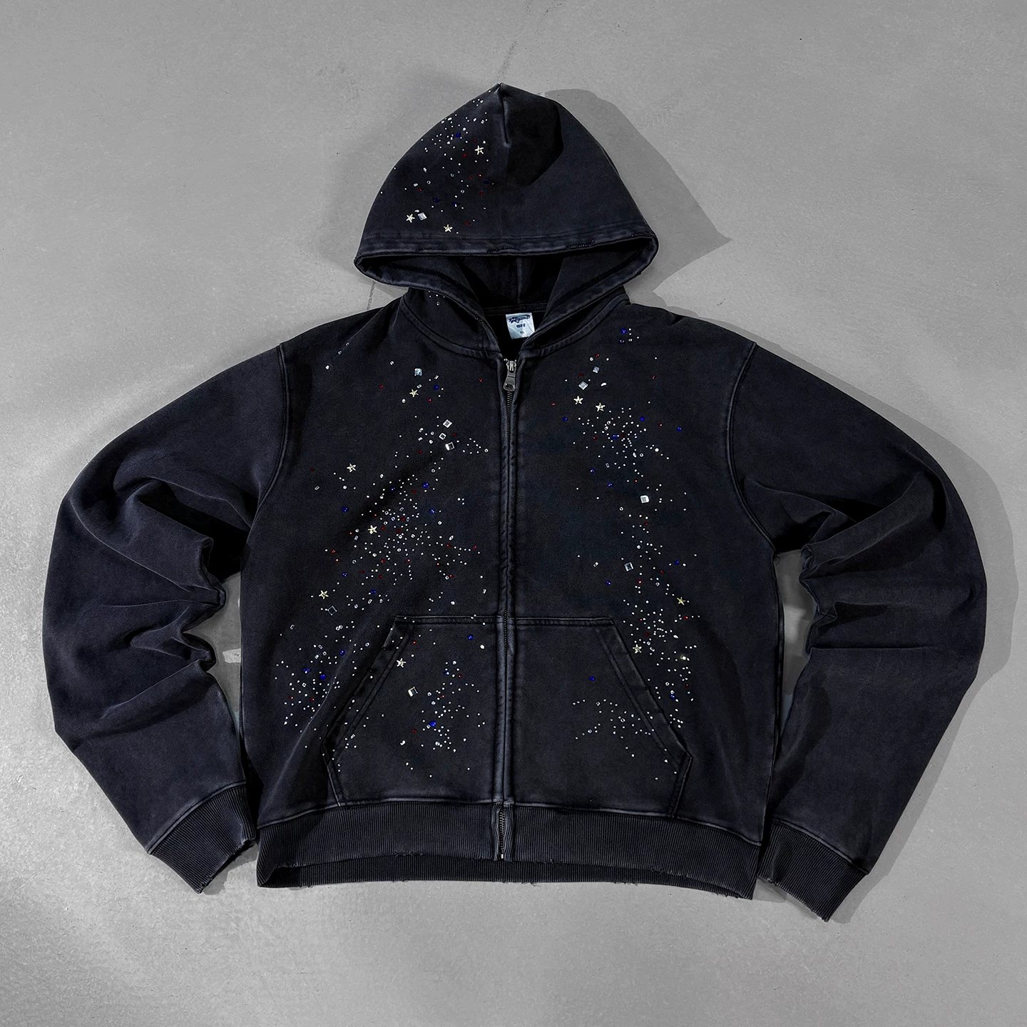 American heavyweight ultra-flash-edged distressed hooded cardigan sweatshirt for men and women loose casual pile-sleeved terry coat