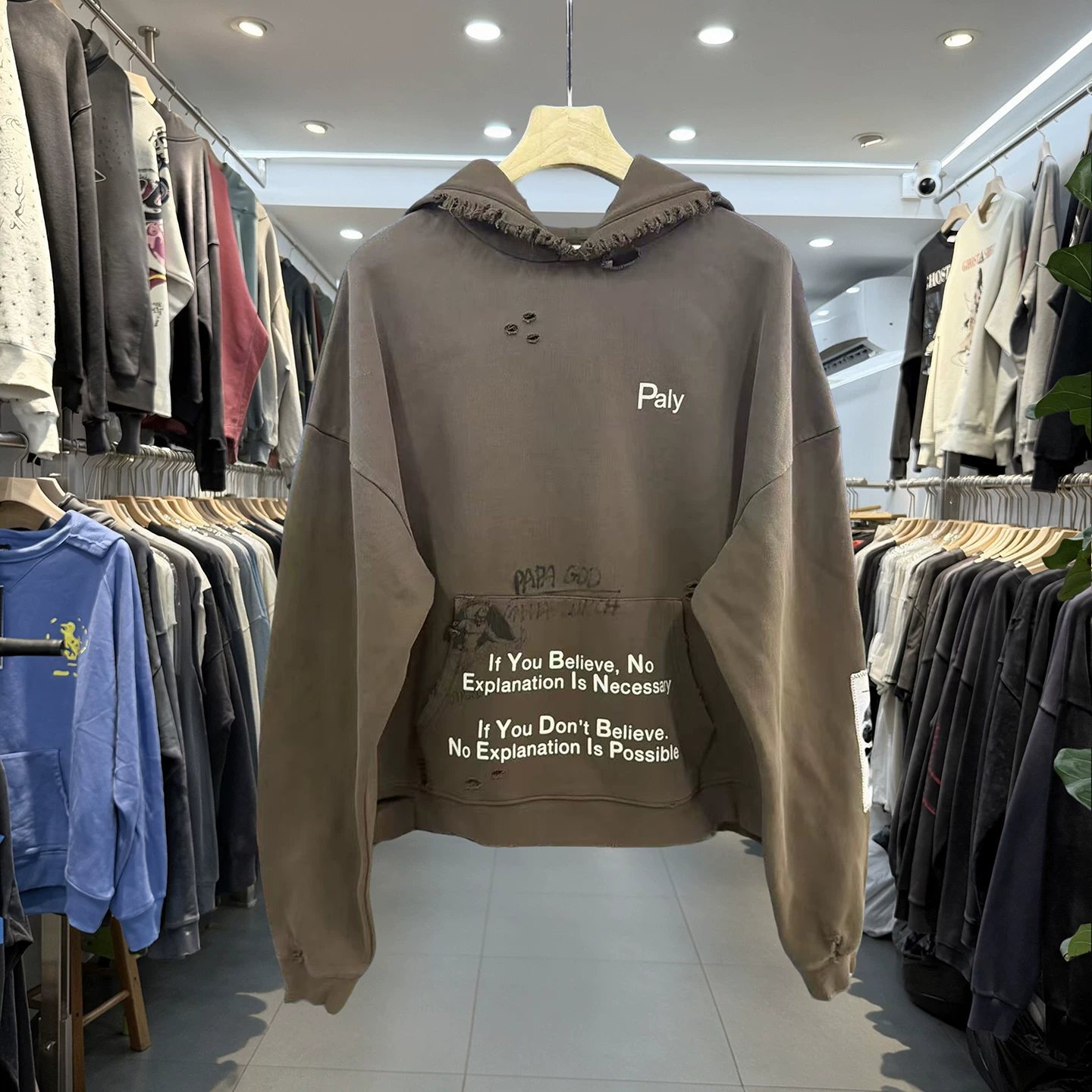 American Retro Simple Letter Printed Hole Hooded Sweatshirt Fall and Winter Loose Casual Drop Shoulder Terry Jacket for Men and Women