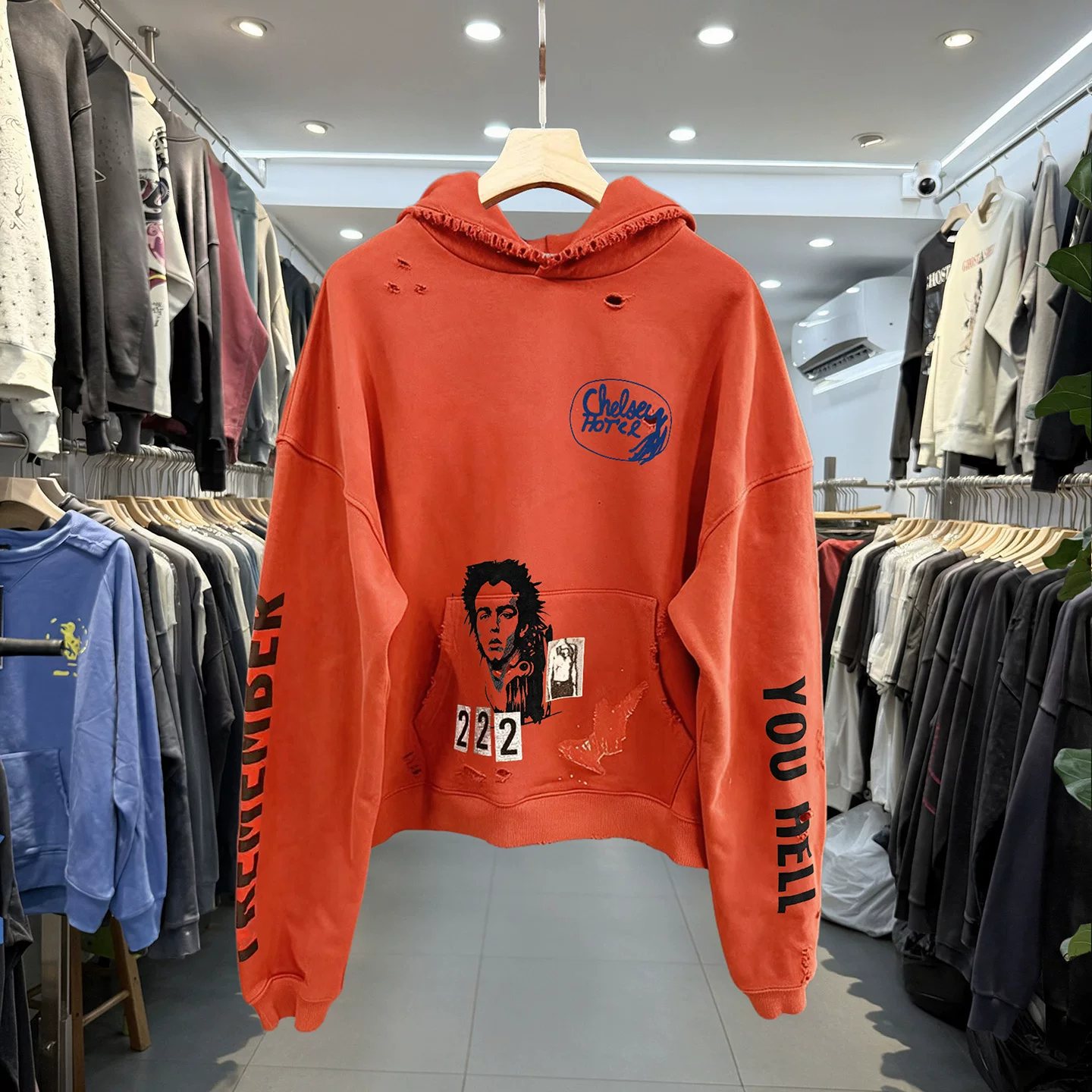 European and American retro texture handmade distressed hooded sweatshirt vintage men's and women's loose casual off-shoulder jacket