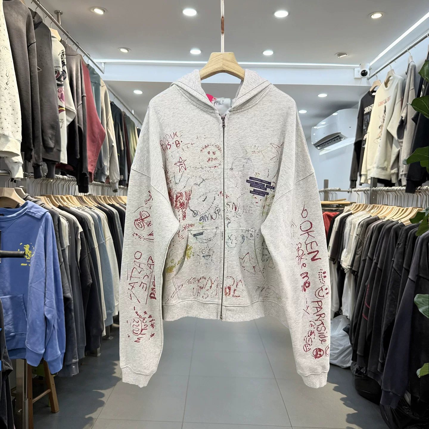 American retro graffiti print hooded double-ended zipper sweatshirt high street men and women loose casual terry cardigan jacket