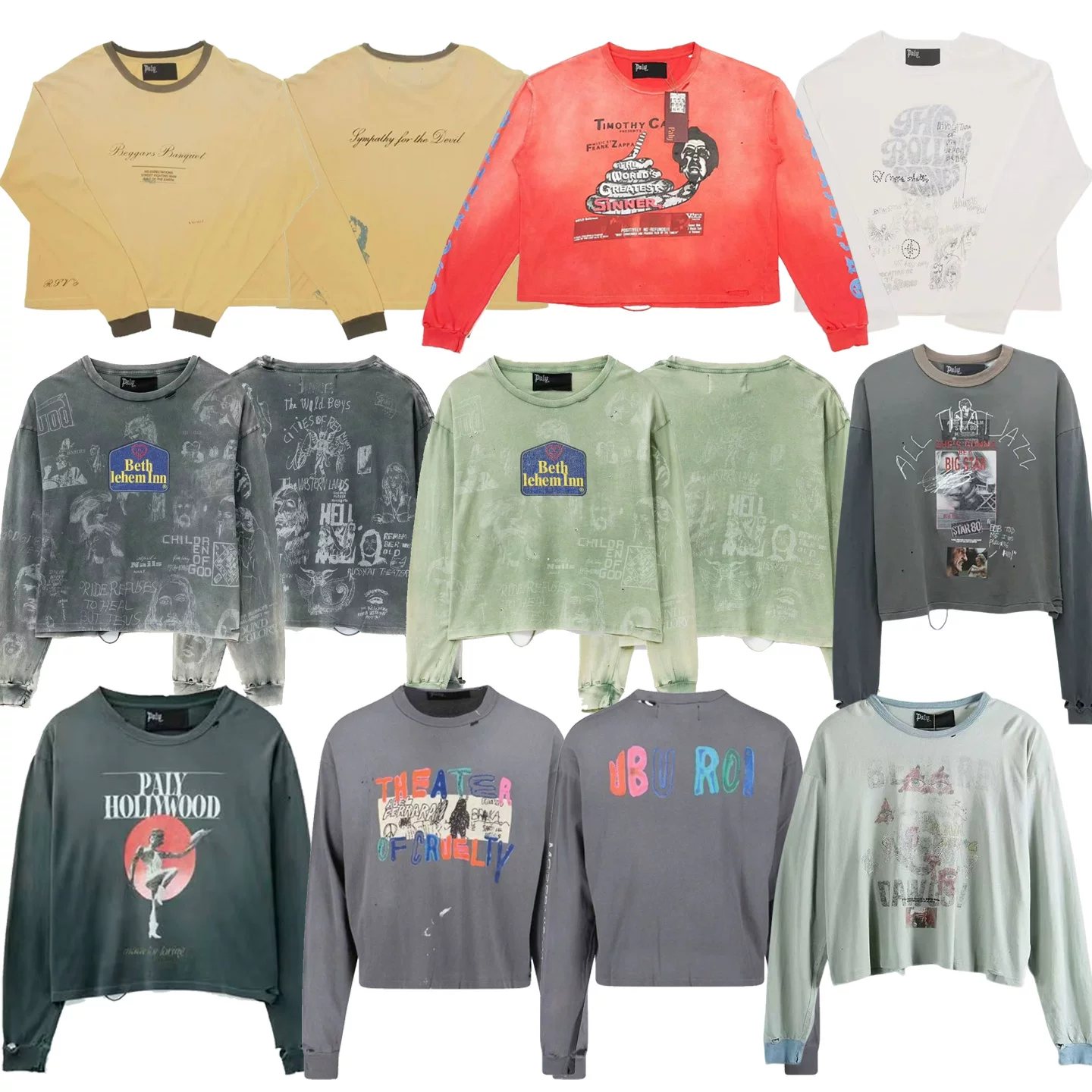 Paly Hollywood washed distressed long-sleeved T-shirt oversize men's and women's loose casual tops trendy
