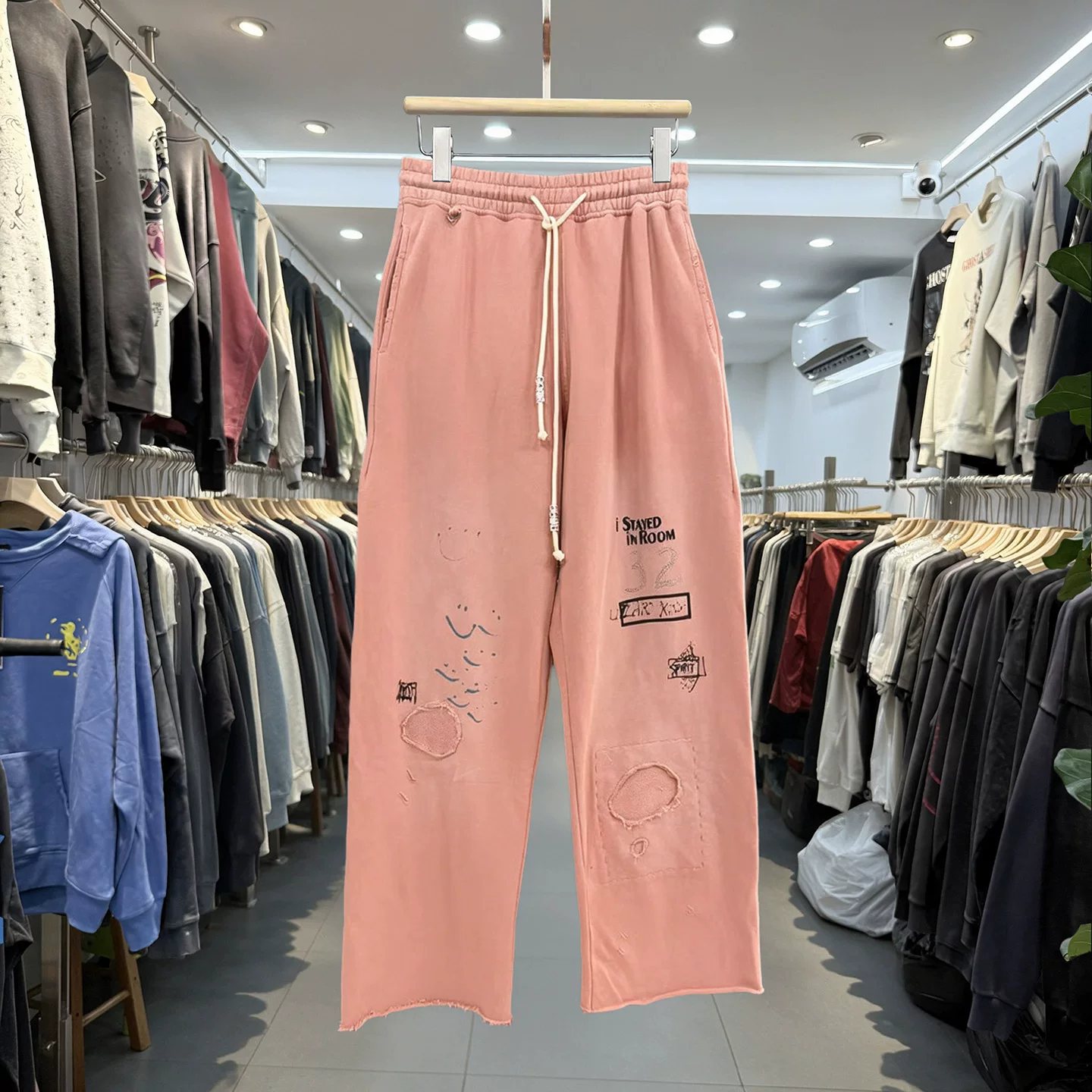 Paly French retro washed destroyed old letter beaded casual pants for men and women loose curled drawstring trousers trendy