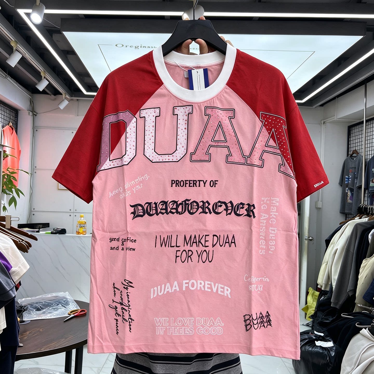 American street high-quality spliced letter printed hot diamond short-sleeved oversize men's and women's loose casual T-shirt trendy