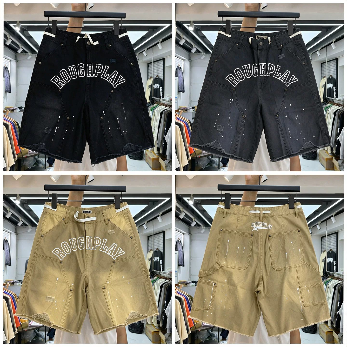 RoughPlay American high street letter print cut quarter pants for men and women loose ink splash straight casual pants trend