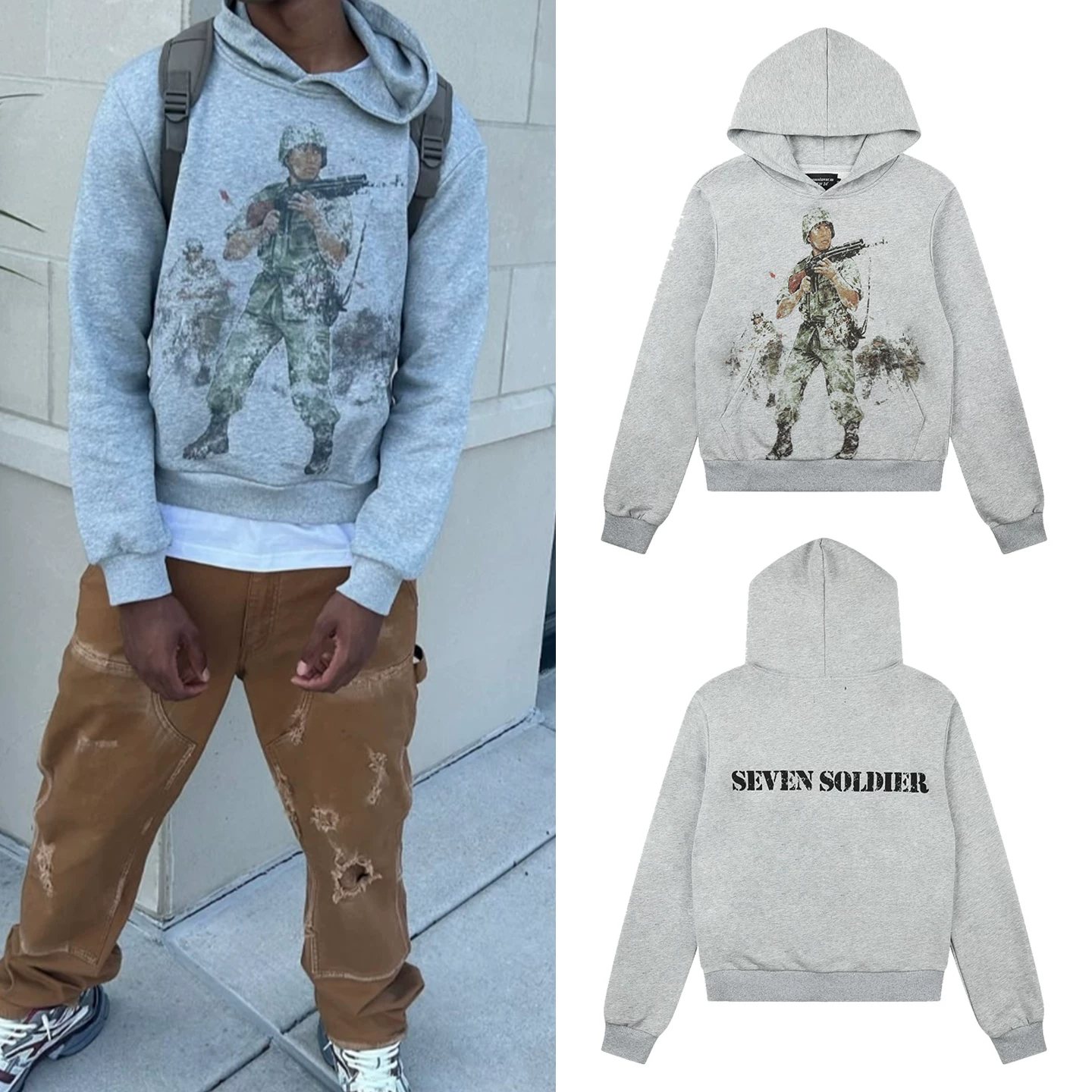 2026 cross-border new American retro soldier print hooded sweatshirt hip-hop men and women loose casual terry coat
