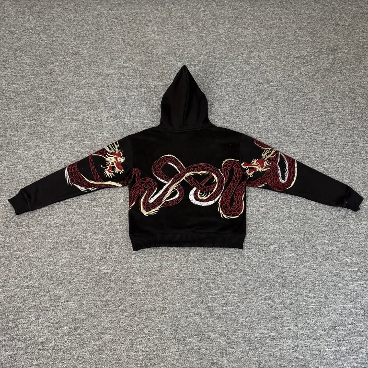 American retro red dragon heavy industry embroidered hooded sweatshirt for men and women loose casual pullover terry coat