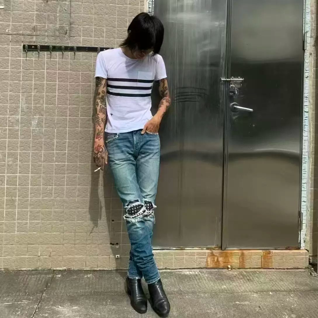 VG SL SS16 blue double knee rivet jeans light sub-street skinny style hedi