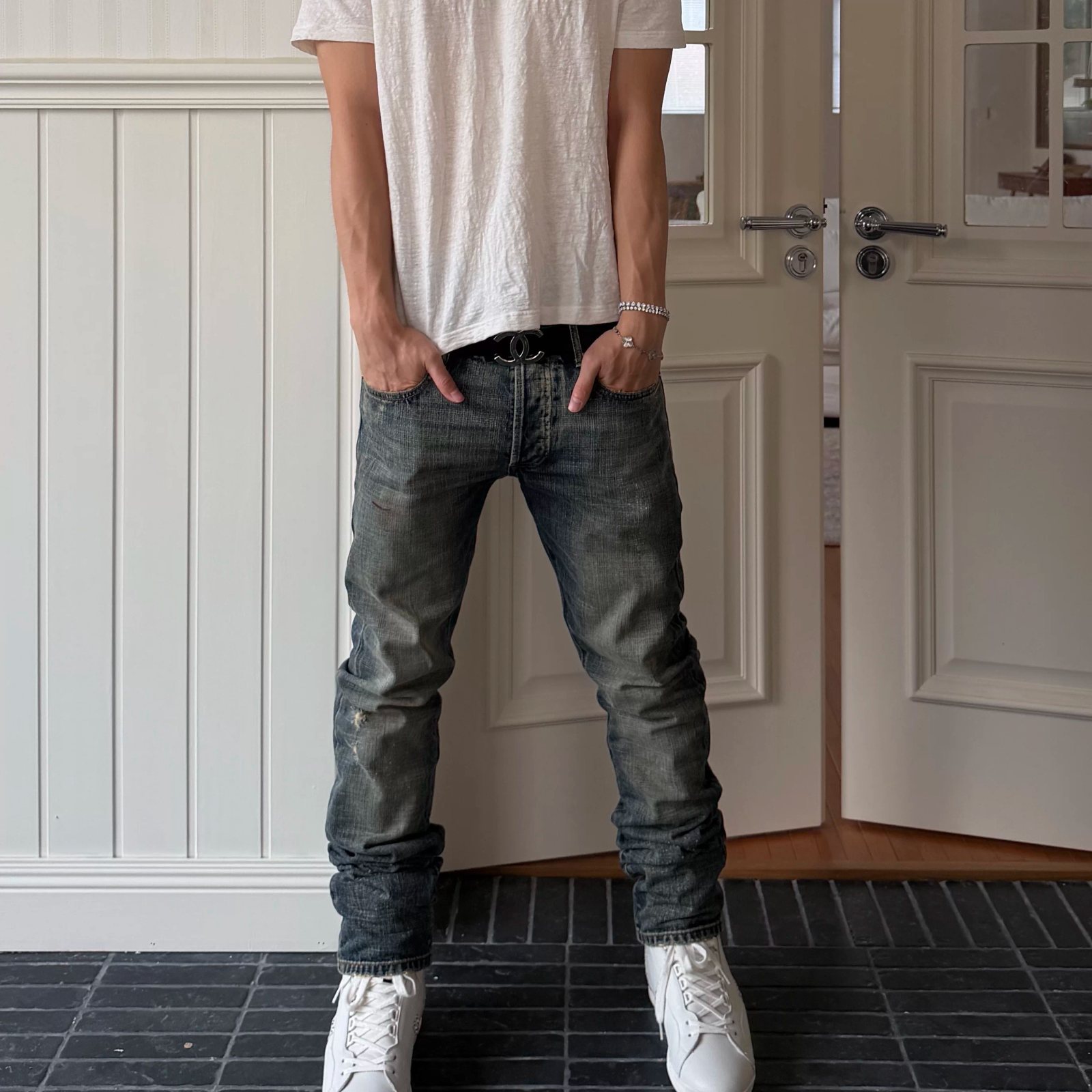 VG Homme 08SS blood stained yellow mud distressed washed jeans skinny