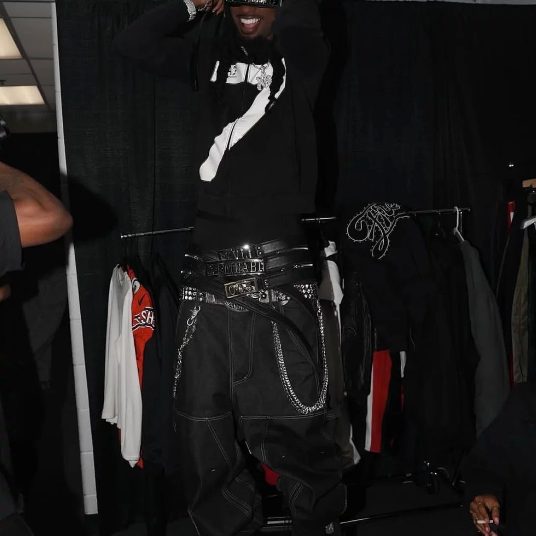 0pium style black denim overalls logging pants baggy style playboicarti concert style