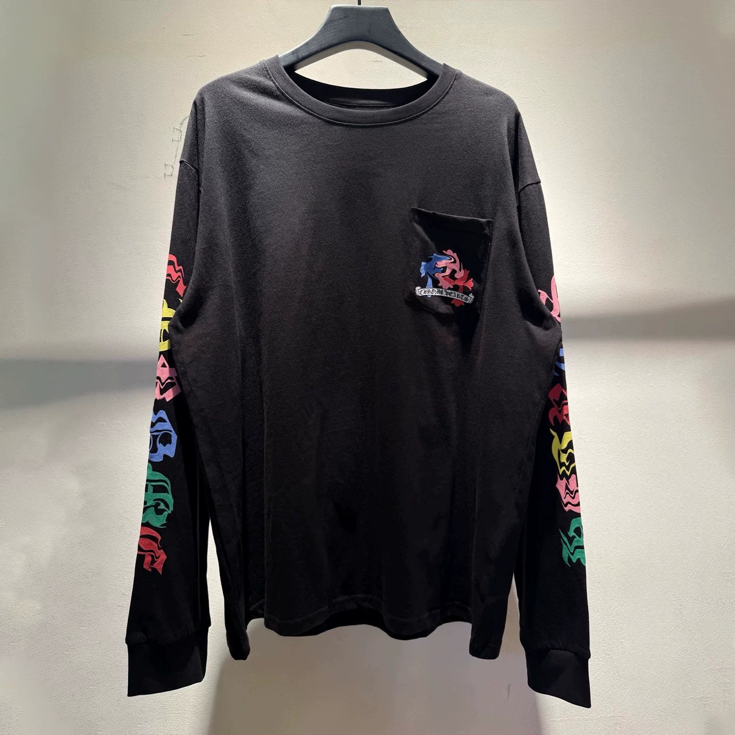 American trendy rainbow cross Sanskrit gradient foam printing thin men's and women's long-sleeved thick cotton T25ss