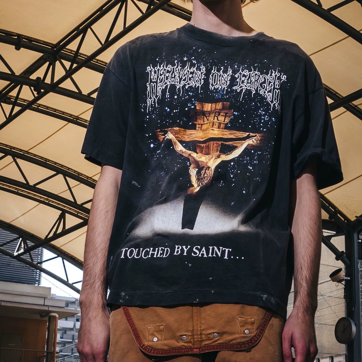 SAINT high street style cross printed short-sleeved T-shirts for men and women, loose washed and aged versatile retro tops