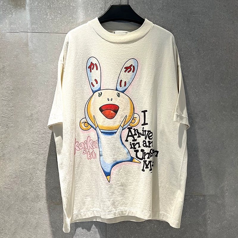 SAINT childlike hand-painted cartoon rabbit printed short-sleeved T-shirts for men and women are trendy loose casual tops
