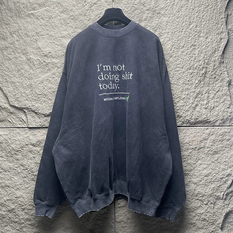 Heavyweight autumn and winter VETEMENTS trash can destroyed washed and distressed super loose men's and women's round neck long sleeve thick cotton TVTM
